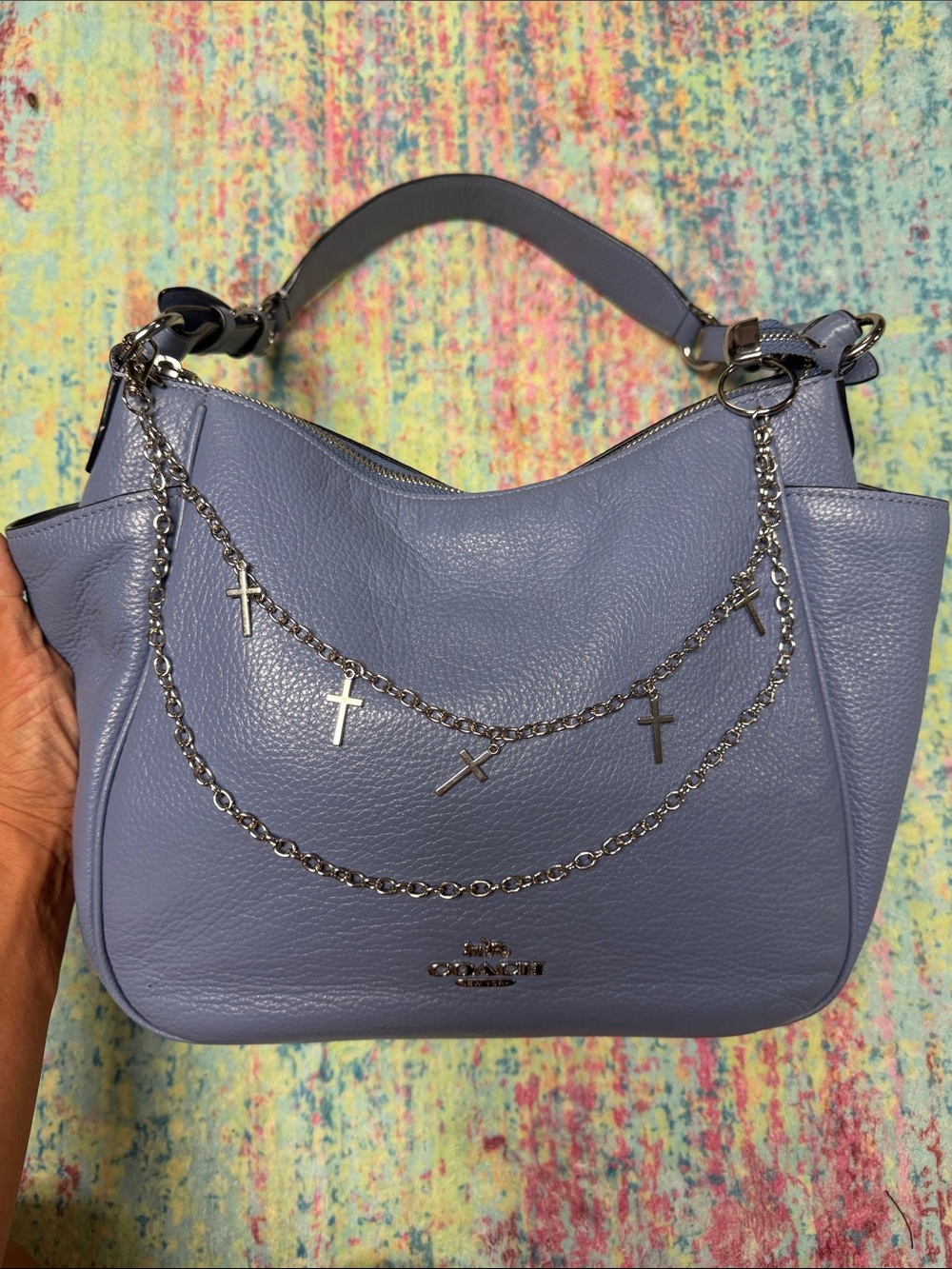 Coach Lavender Blue Pebble Leather Shoulder Bag with Cross Chains